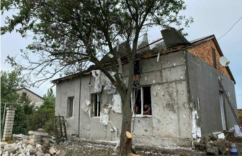 A damaged residential building in the village of Chervone