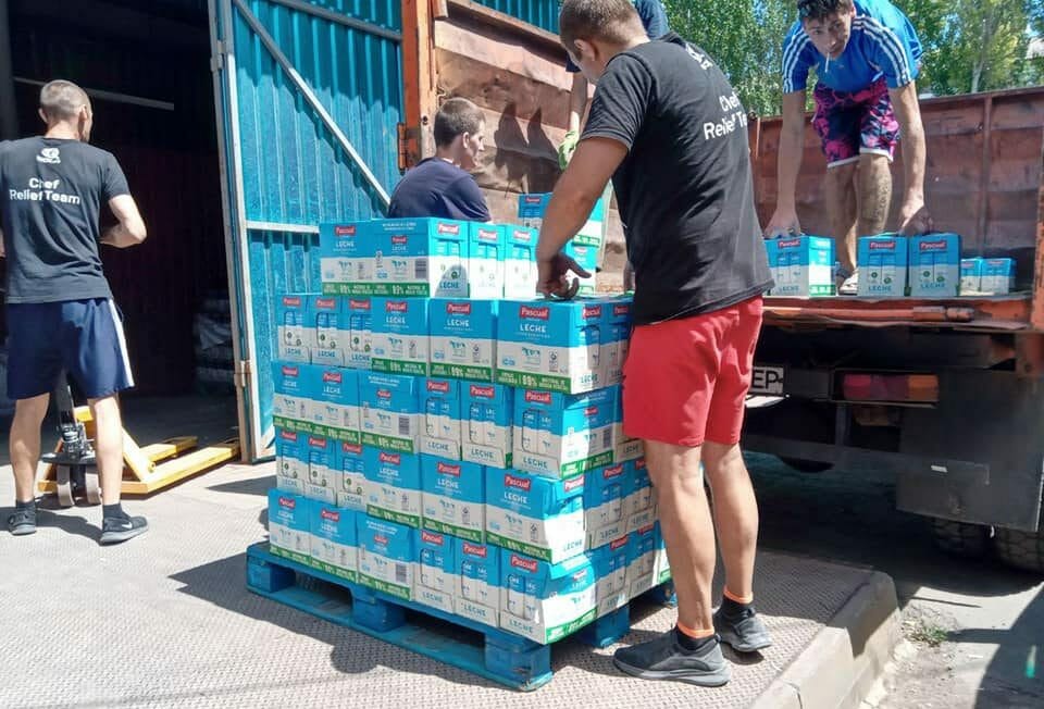 Unloading humanitarian aid.