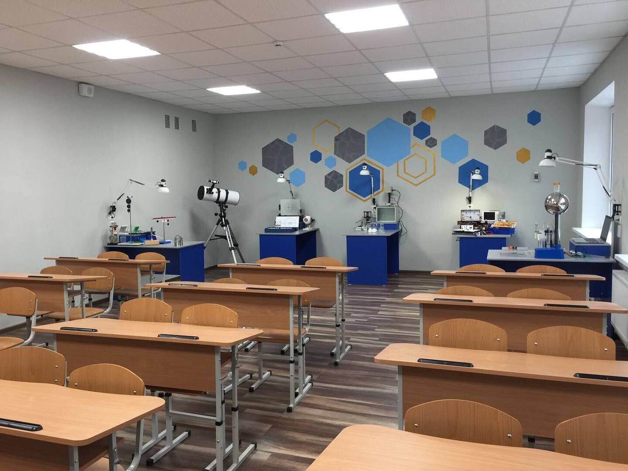 Physics room and refurbished food court at the Tereshky Lyceum
