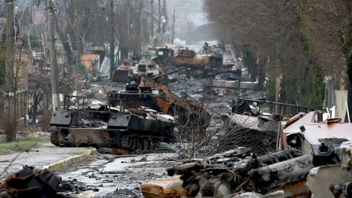 Destroyed russian military equipment on a Bucha street 