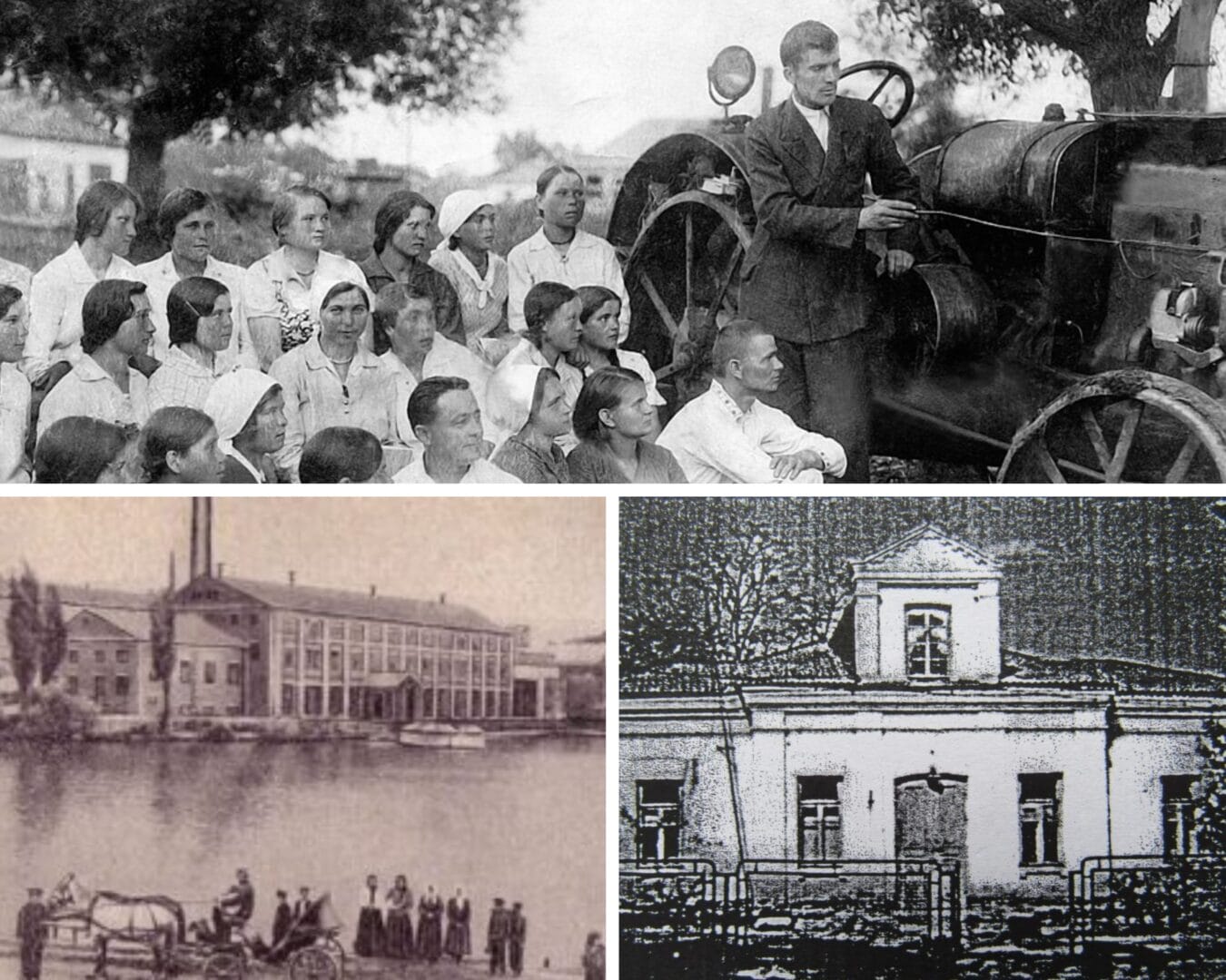 The first cohort of students of the Shpola driving school in 1938 (top), the sugar factory (left) and the first hospital (right), 19th century 