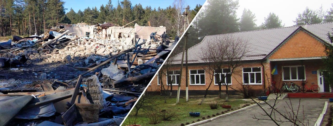 An outpatient clinic in the village of Khukhra after the russian missile hit it (left) and before the full-scale invasion (right) 