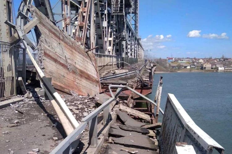 The destroyed bridge across the Dniester estuary