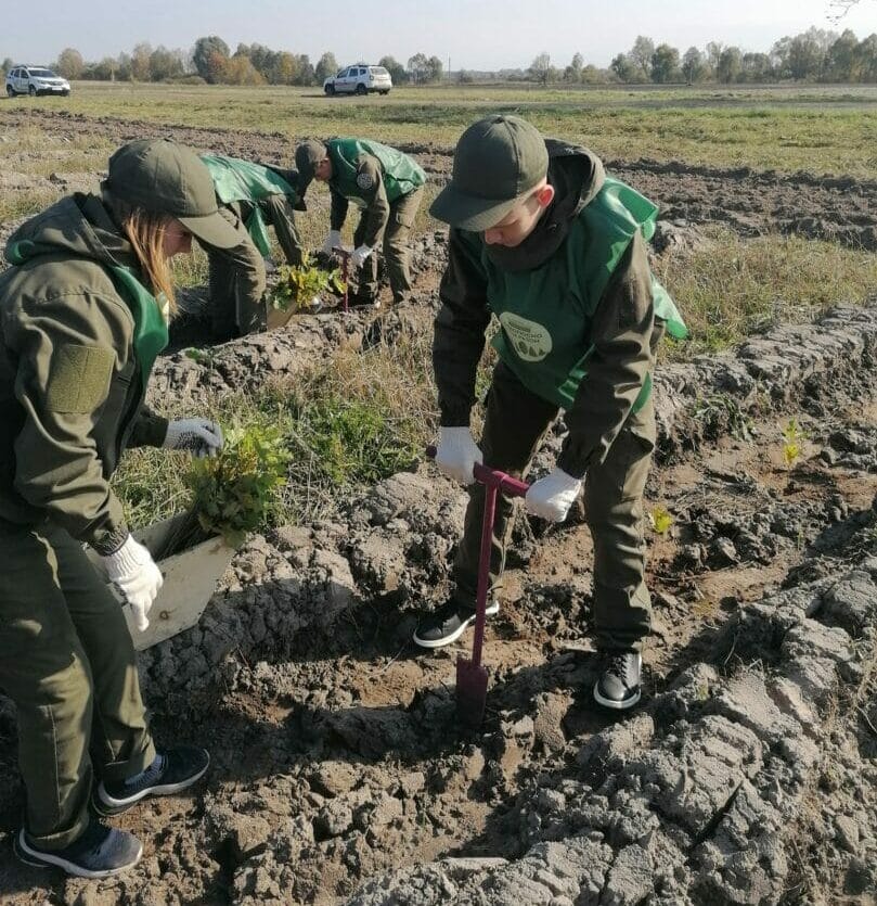 Members of the ZUBR school forestry club during the planting of young trees with the participation of the Community and district leadership