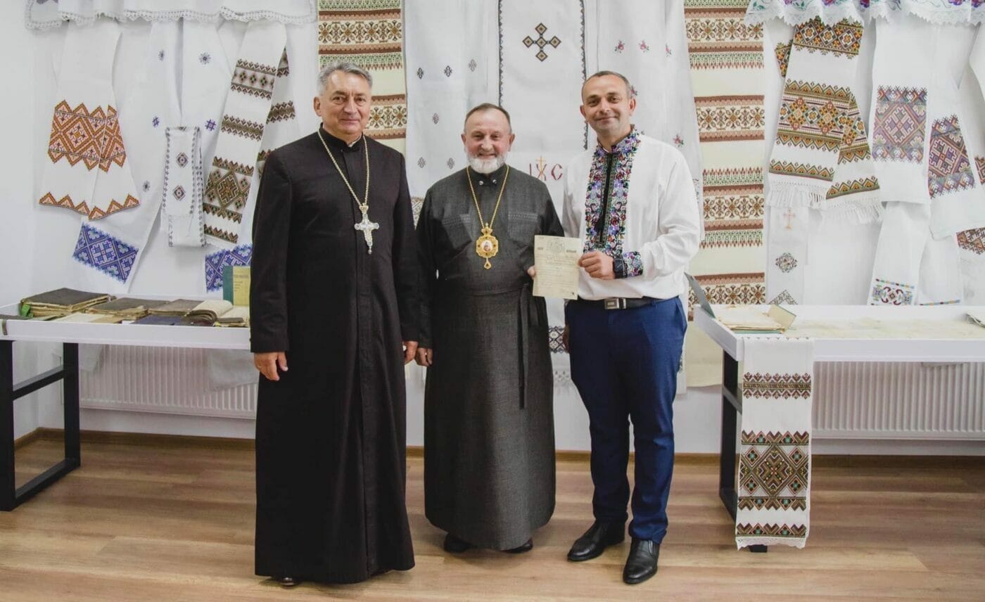 Petro Sokolovskyi, Metropolitan of Lviv, Bishop Ihor Vozniak and abbot of the Church of the Holy Trinity in the village of Borshchovychi Fr. Ivan Dukhnych during the consecration of the local history museum of the village of Borshchovychi 