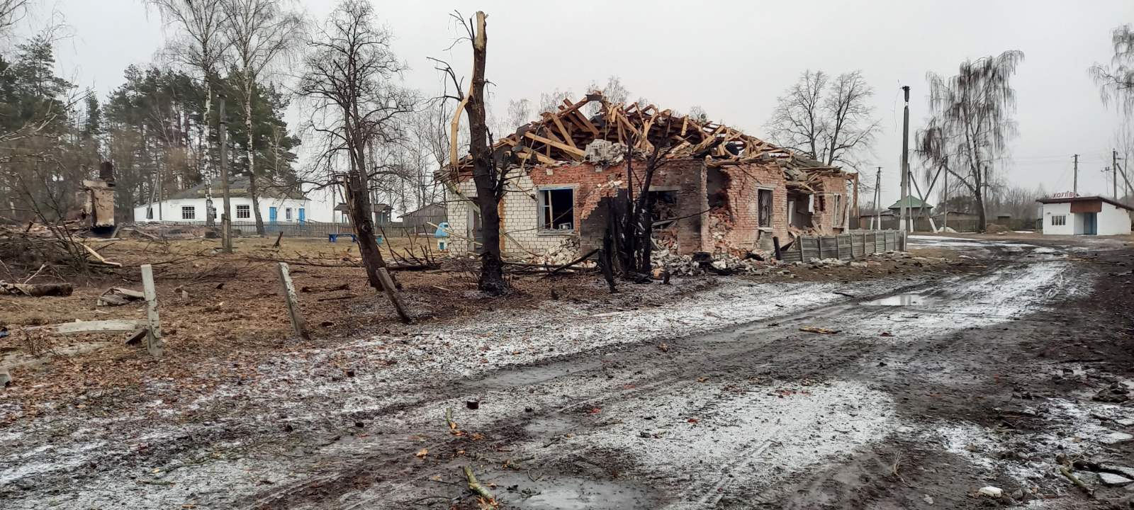 The destroyed administrative building in the village of Khotiivka