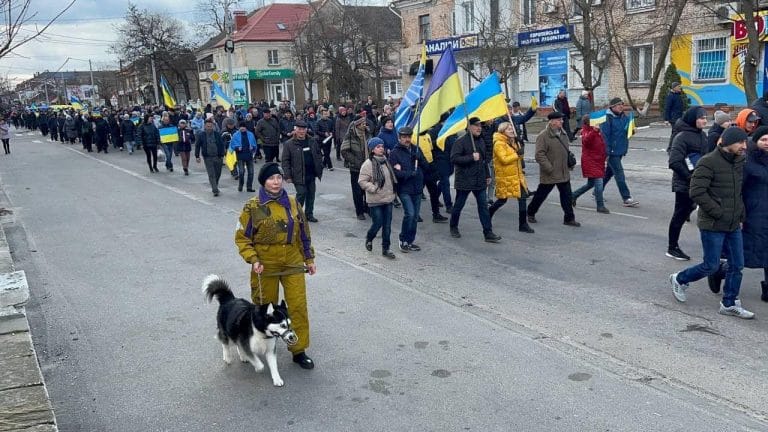 Rally against the russian occupation in Nova Kakhovka on March 6, 2022