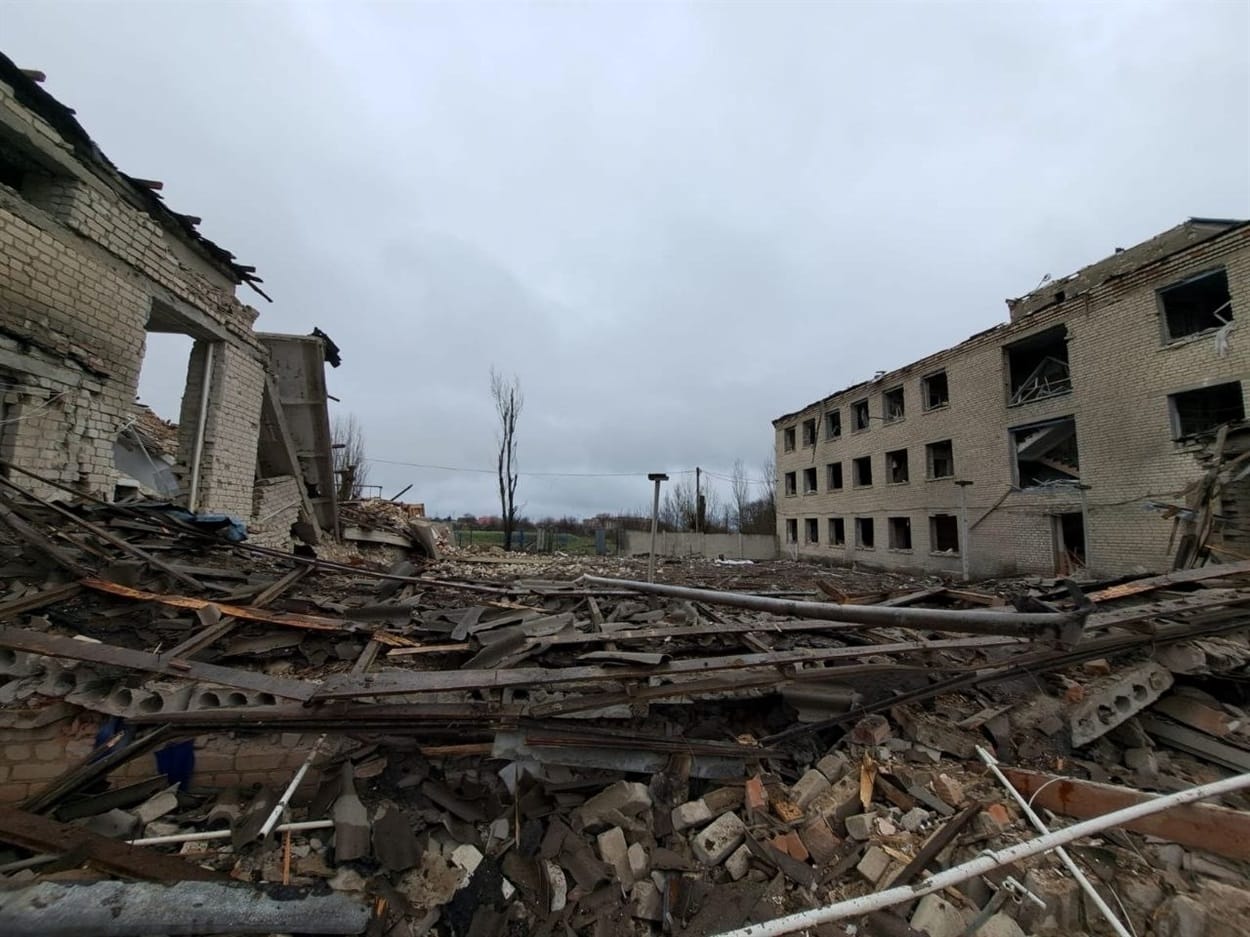 The destroyed lyceum in the village of Kozatske