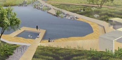 Arrangement of a recreation area for rest and leisure on the shore of the lake of the residential area “Golden Keys” of the settlement of Slobozhanske