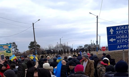 Rally against the russian ̈ occupation ̈ in Chaplynka on March 7, 2022.