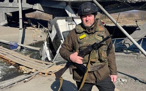 Irpin Mayor Oleksandr Markushyn near the famous Romanivsky Bridge, through which the population was evacuated