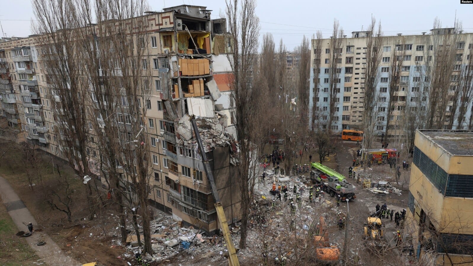 Destroyed nine-story building after a drone attack