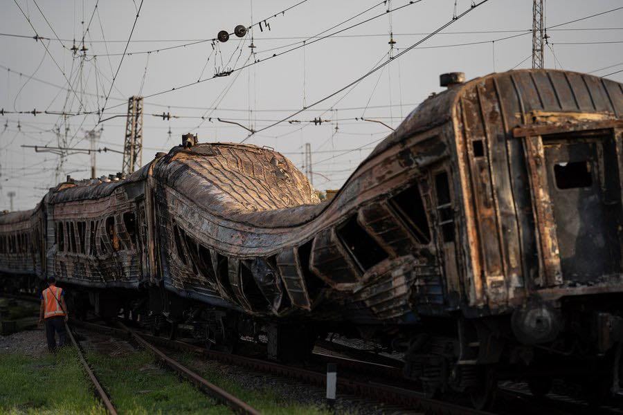 Railway cars after missile strikes by launched by the russian federation