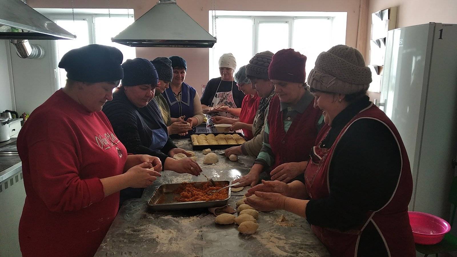 Students of the Voznesenske Secondary School weaving nets. 