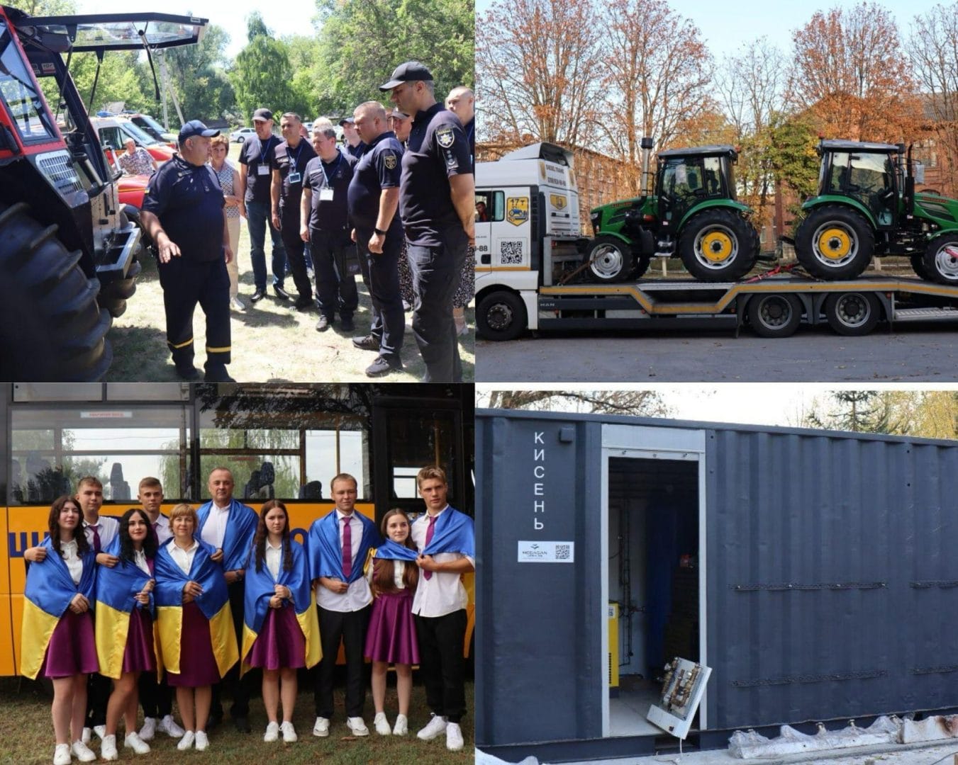 Command and staff exercises (first photo), new equipment (second photo), children with the head of the community near the new bus for schoolchildren (third photo), oxygen station (fourth photo)
