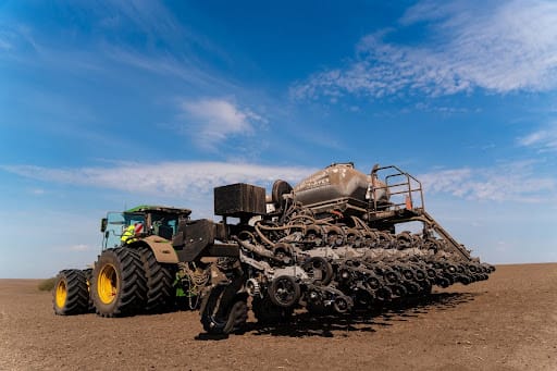 Modern seed drill in operation in the field